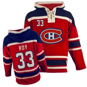 Old Time Hockey Montreal Canadiens 33 Men's Patrick Roy Authentic Red Sawyer Hooded Sweatshirt NHL Jersey