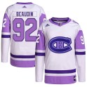 Adidas Montreal Canadiens Youth Nicolas Beaudin Authentic White/Purple Hockey Fights Cancer Primegreen NHL Jersey