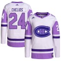 Adidas Montreal Canadiens Youth Chris Chelios Authentic White/Purple Hockey Fights Cancer Primegreen NHL Jersey