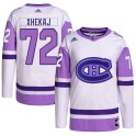 Adidas Montreal Canadiens Men's Arber Xhekaj Authentic White/Purple Hockey Fights Cancer Primegreen NHL Jersey