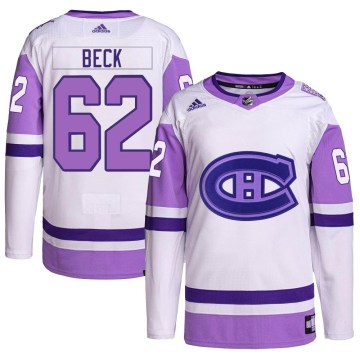 Adidas Montreal Canadiens Youth Owen Beck Authentic White/Purple Hockey Fights Cancer Primegreen NHL Jersey