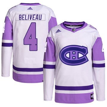 Adidas Montreal Canadiens Youth Jean Beliveau Authentic White/Purple Hockey Fights Cancer Primegreen NHL Jersey