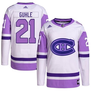 Adidas Montreal Canadiens Youth Kaiden Guhle Authentic White/Purple Hockey Fights Cancer Primegreen NHL Jersey