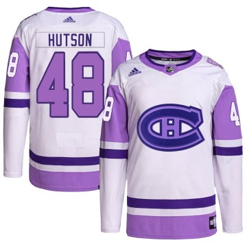 Adidas Montreal Canadiens Youth Lane Hutson Authentic White/Purple Hockey Fights Cancer Primegreen NHL Jersey