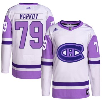 Adidas Montreal Canadiens Youth Andrei Markov Authentic White/Purple Hockey Fights Cancer Primegreen NHL Jersey