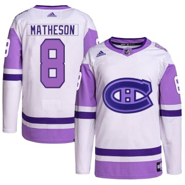 Adidas Montreal Canadiens Youth Mike Matheson Authentic White/Purple Hockey Fights Cancer Primegreen NHL Jersey