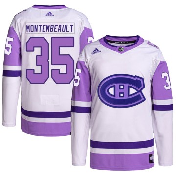 Adidas Montreal Canadiens Youth Sam Montembeault Authentic White/Purple Hockey Fights Cancer Primegreen NHL Jersey
