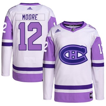 Adidas Montreal Canadiens Youth Dickie Moore Authentic White/Purple Hockey Fights Cancer Primegreen NHL Jersey