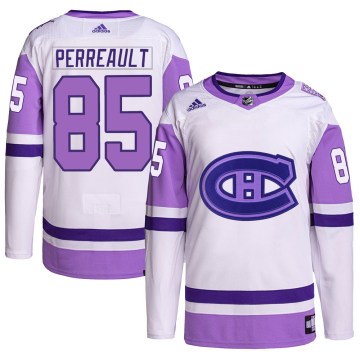 Adidas Montreal Canadiens Youth Mathieu Perreault Authentic White/Purple Hockey Fights Cancer Primegreen NHL Jersey