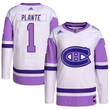 Adidas Montreal Canadiens Youth Jacques Plante Authentic White/Purple Hockey Fights Cancer Primegreen NHL Jersey