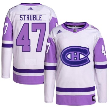 Adidas Montreal Canadiens Youth Jayden Struble Authentic White/Purple Hockey Fights Cancer Primegreen NHL Jersey