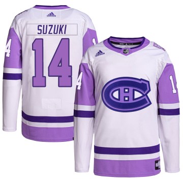 Adidas Montreal Canadiens Youth Nick Suzuki Authentic White/Purple Hockey Fights Cancer Primegreen NHL Jersey