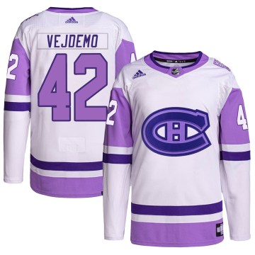 Adidas Montreal Canadiens Youth Lukas Vejdemo Authentic White/Purple Hockey Fights Cancer Primegreen NHL Jersey
