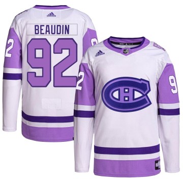 Adidas Montreal Canadiens Men's Nicolas Beaudin Authentic White/Purple Hockey Fights Cancer Primegreen NHL Jersey