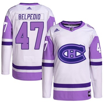 Adidas Montreal Canadiens Men's Louie Belpedio Authentic White/Purple Hockey Fights Cancer Primegreen NHL Jersey