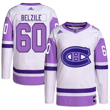 Adidas Montreal Canadiens Men's Alex Belzile Authentic White/Purple Hockey Fights Cancer Primegreen NHL Jersey