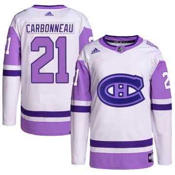 Adidas Montreal Canadiens Men's Guy Carbonneau Authentic White/Purple Hockey Fights Cancer Primegreen NHL Jersey