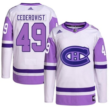 Adidas Montreal Canadiens Men's Filip Cederqvist Authentic White/Purple Hockey Fights Cancer Primegreen NHL Jersey