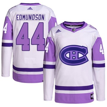 Adidas Montreal Canadiens Men's Joel Edmundson Authentic White/Purple Hockey Fights Cancer Primegreen NHL Jersey