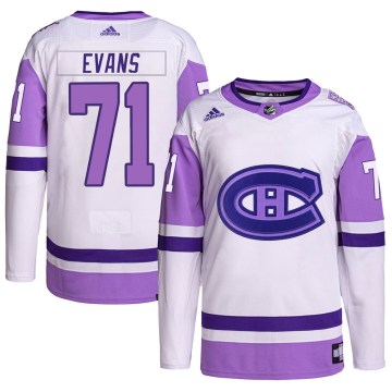 Adidas Montreal Canadiens Men's Jake Evans Authentic White/Purple Hockey Fights Cancer Primegreen NHL Jersey