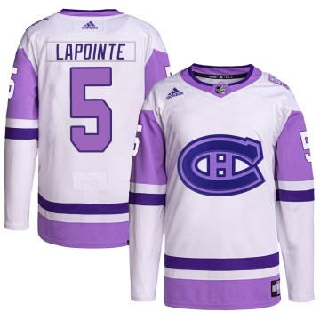 Adidas Montreal Canadiens Men's Guy Lapointe Authentic White/Purple Hockey Fights Cancer Primegreen NHL Jersey