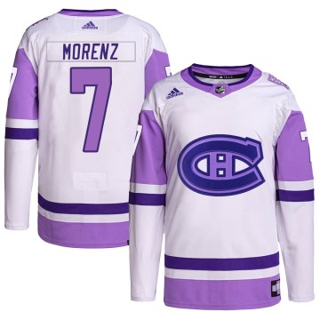 Adidas Montreal Canadiens Men's Howie Morenz Authentic White/Purple Hockey Fights Cancer Primegreen NHL Jersey