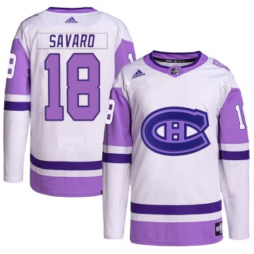 Adidas Montreal Canadiens Men's Serge Savard Authentic White/Purple Hockey Fights Cancer Primegreen NHL Jersey