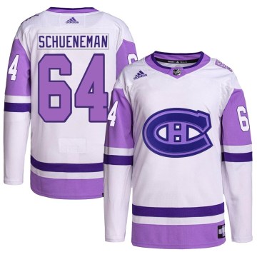 Adidas Montreal Canadiens Men's Corey Schueneman Authentic White/Purple Hockey Fights Cancer Primegreen NHL Jersey