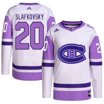 Adidas Montreal Canadiens Men's Juraj Slafkovsky Authentic White/Purple Hockey Fights Cancer Primegreen NHL Jersey